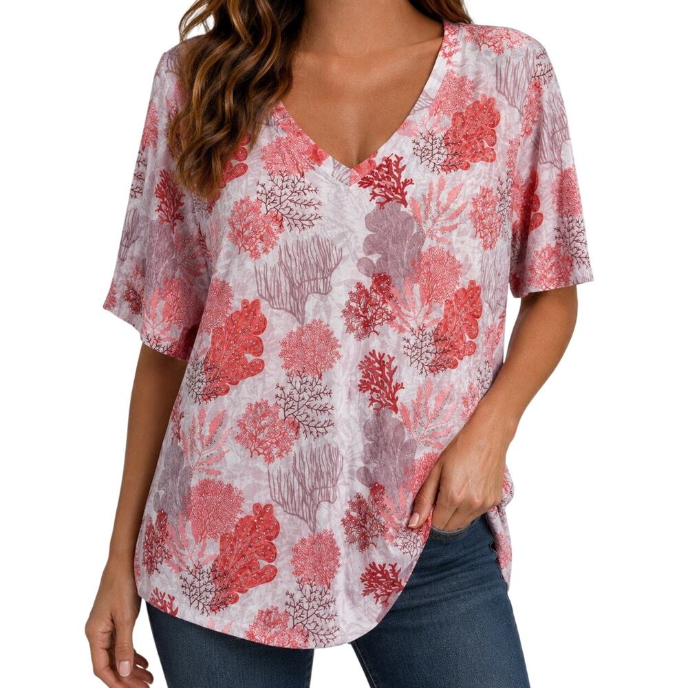 Shana Sz Small Coral Pink White Tropical Beach Blouse Shirt Top Wearable Art